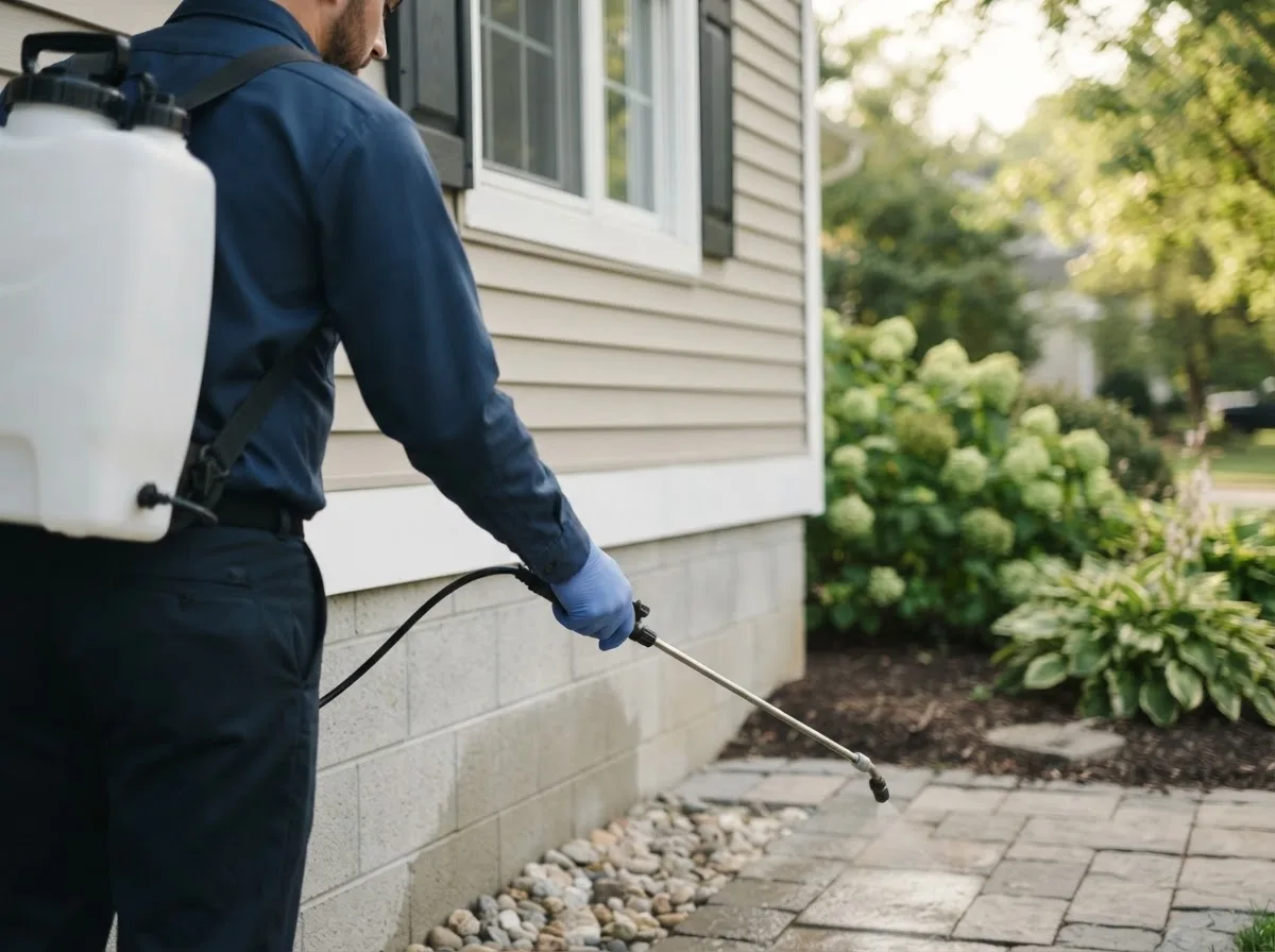 Pest control technician inspecting a home in Vanzant, MO